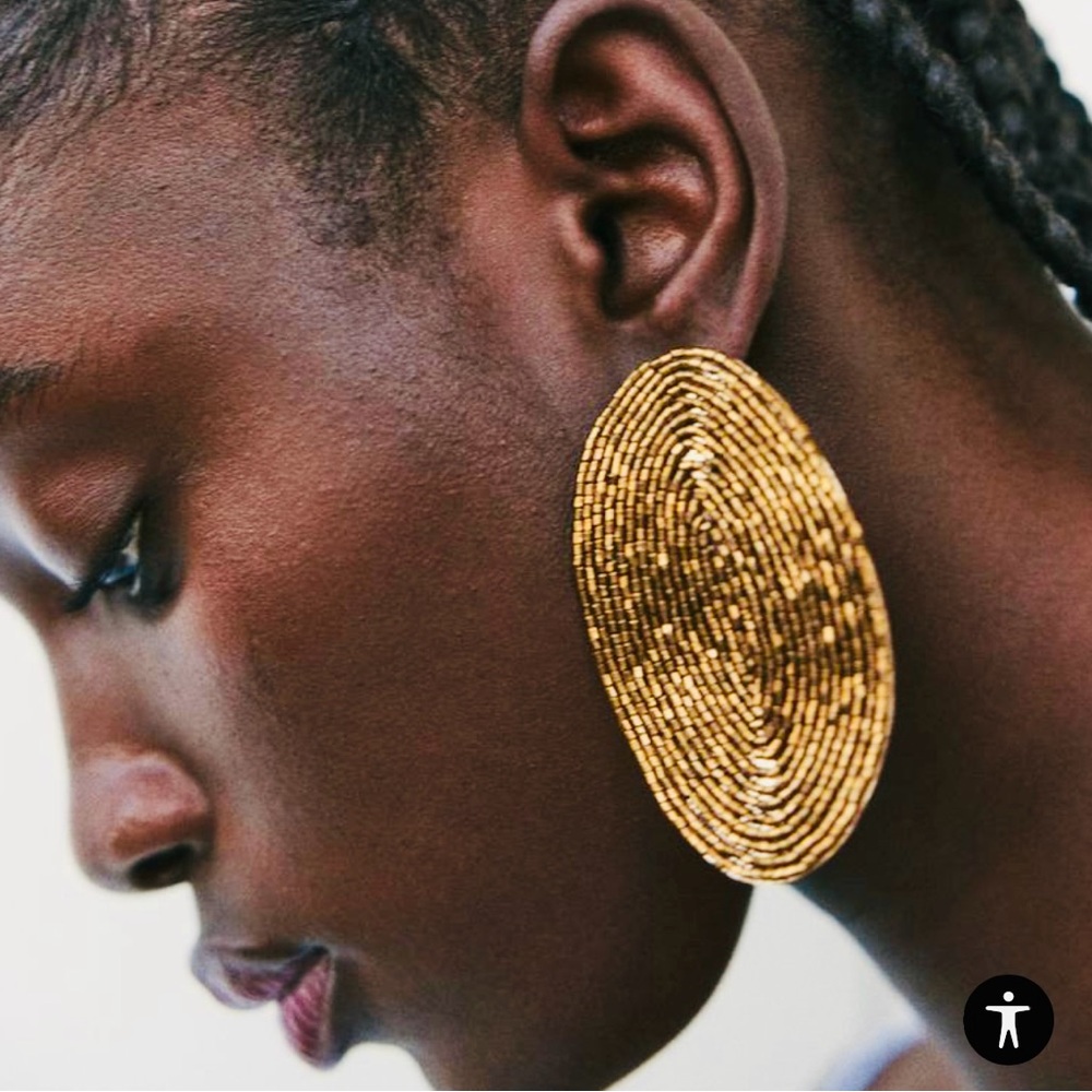 NWT ZARA Modern, Gold Statement Earrings. Braided Bead on Hammered Metal Disks.